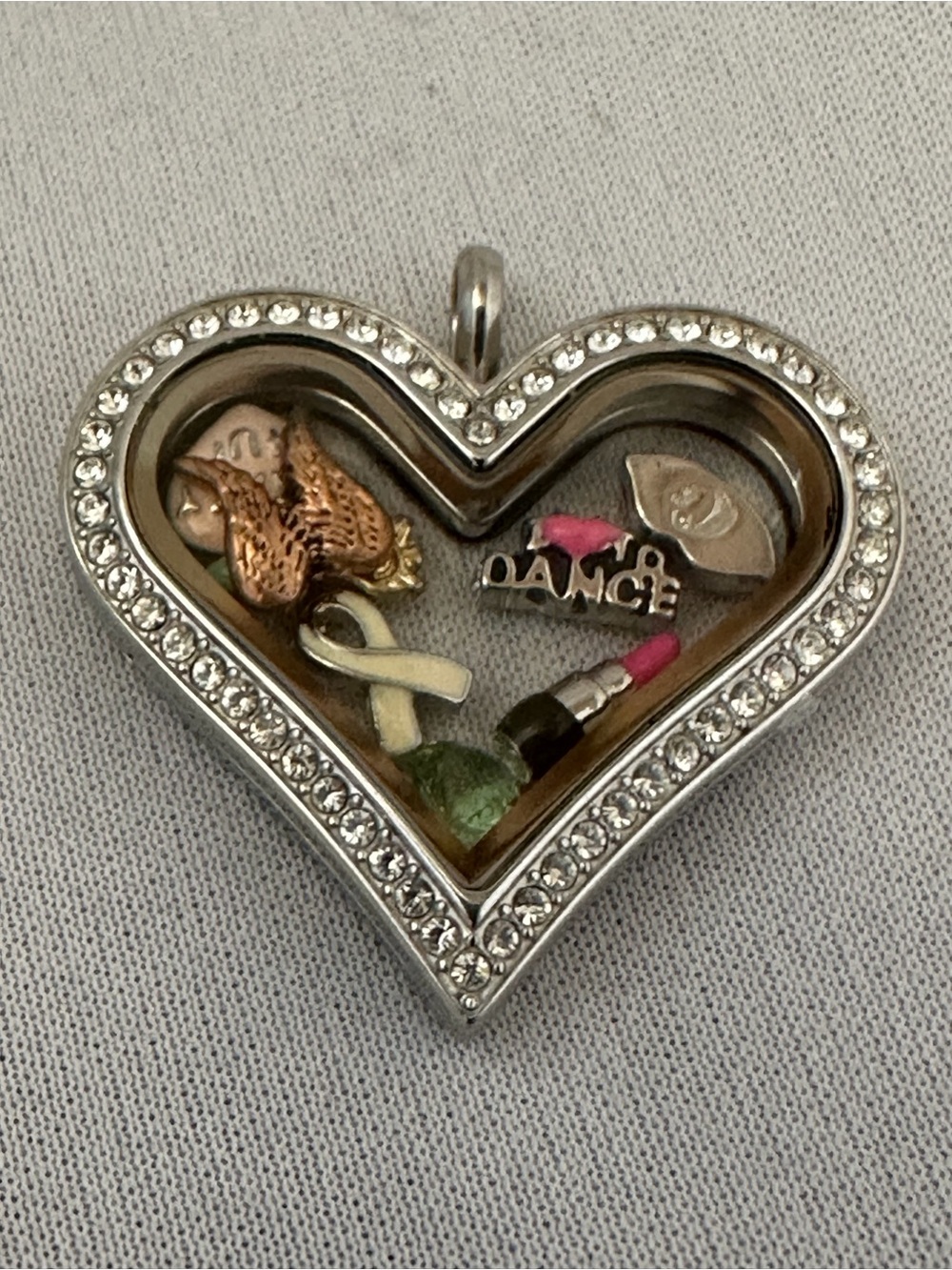 Origami Owl Silver Heart Locket Charm with Pink, Green, Gold charms